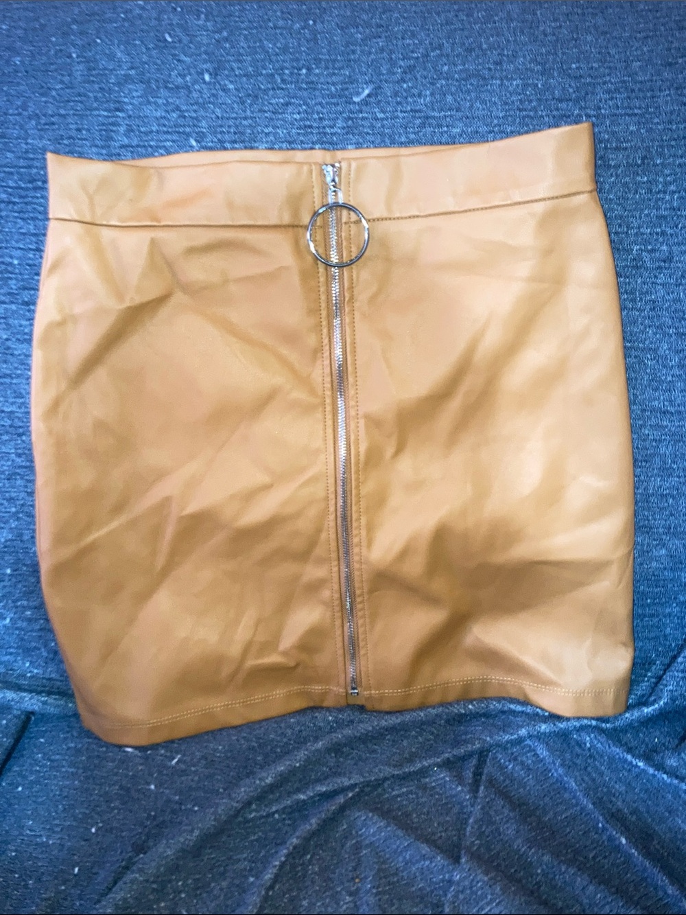 Chocolate USA Faux Leather Mini Skirt with Front Ring Zip in Tan